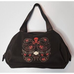Harley Davidson Skull Paisley Embroidered Black Satchel Handbag Double Handle